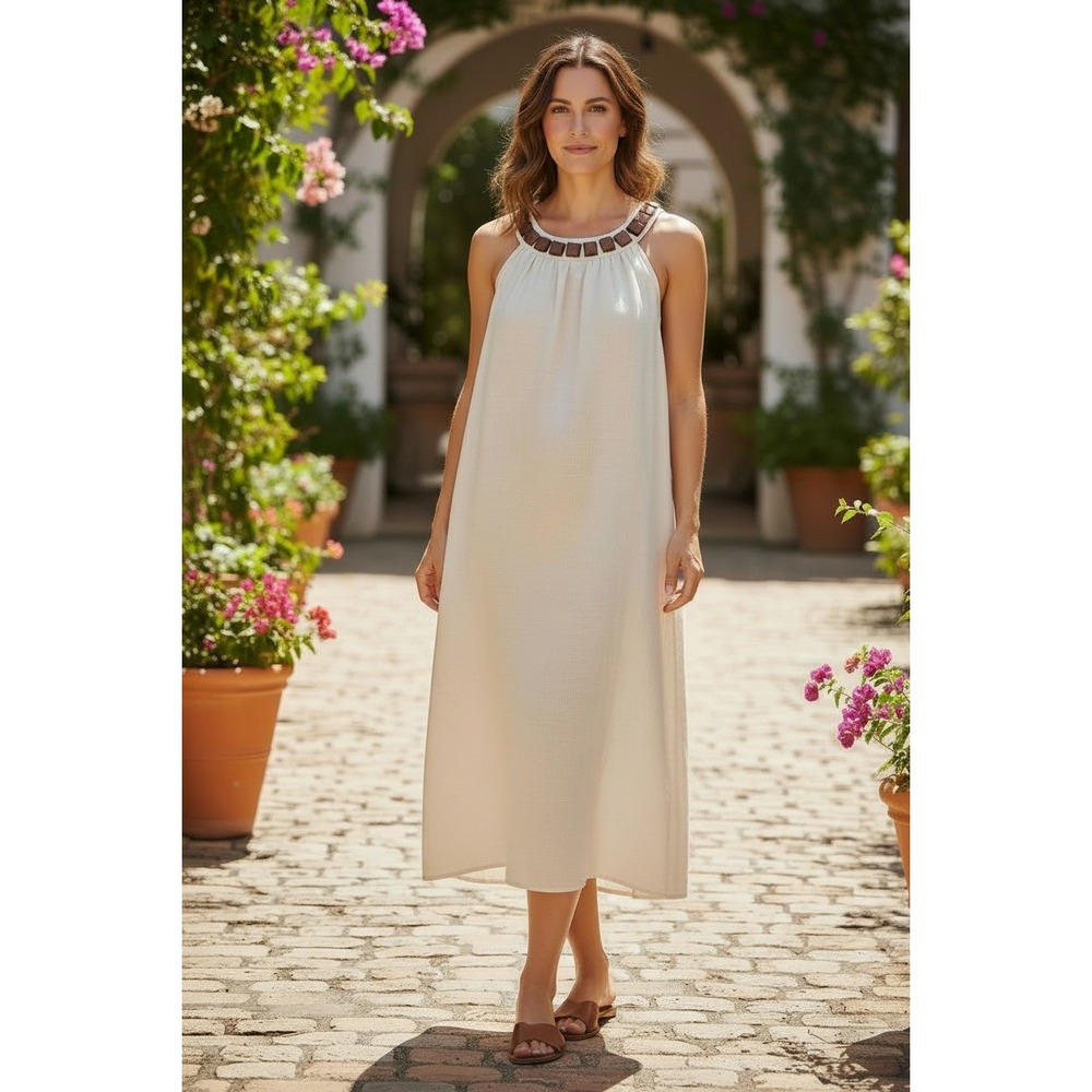 Mille Gabrielle Beige Linen Blend Halter Neck Knee Dress Beaded Neckline Size M